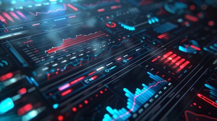 Financial dashboard featuring a complex array of graphs and charts, showcasing data analysis in a glowing blue-red color palette.