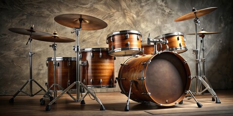 Resounding Resonance: Powerful drum reverberations, deep basslines, immersive soundscapes, shades of brown and gray, textured surfaces