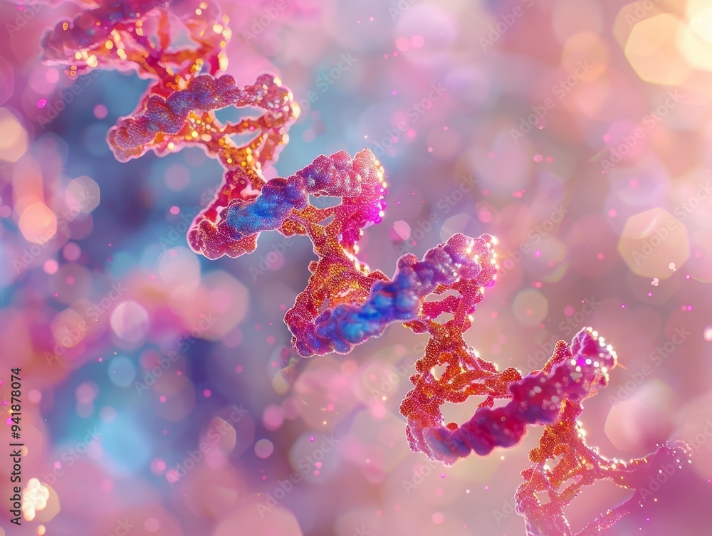 Poster a graphic representation of a dna helix in colorful patterns, showcasing its intricate structure aga