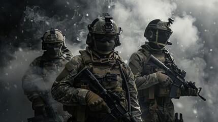 Three soldiers outfitted in full tactical gear, holding rifles, and surrounded by smoke on a battlefield.