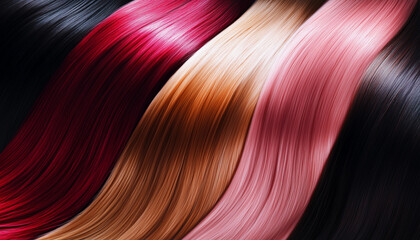 Close-up of bright natural multi-colored hair strands, hair extensions, hair sale, coloring in beauty salon