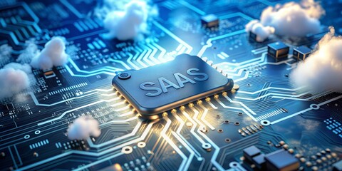 Fototapeta premium SaaS Chip on Motherboard with Cloud Computing, cloud computing, software as a service, technology, digital