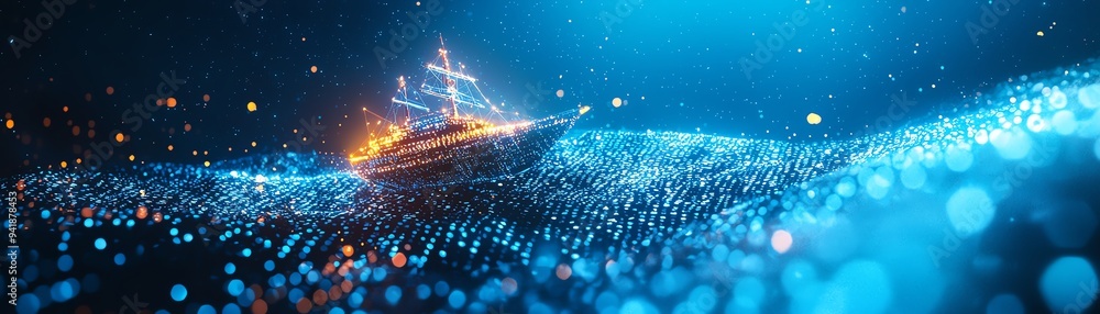 Poster a stunning digital artwork of a ship navigating through a sparkling ocean, with waves illuminated by