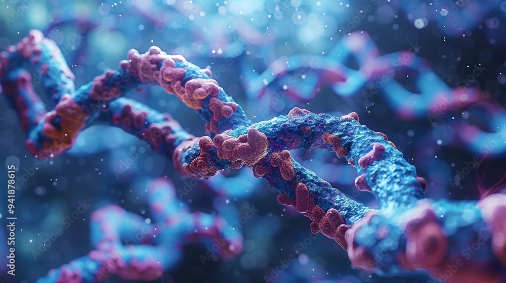 Poster a 3d visualization of a dna molecule features a colorful double helix structure, emphasizing its sci
