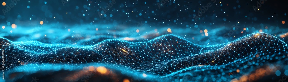Poster abstract waves of glowing particles in a vivid blue environment create a mesmerizing digital landsca