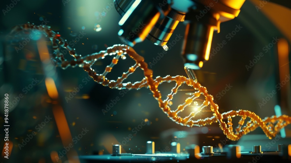 Poster an intricate looking dna strand is observed under a microscope, emphasizing the complexity and beaut