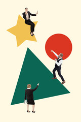 Poster. Contemporary art collage. Woman, boss, directs employees to decorate geometric shapes, transforming them into festive Christmas tree. Concept of business, winter holidays and work, party. Ad