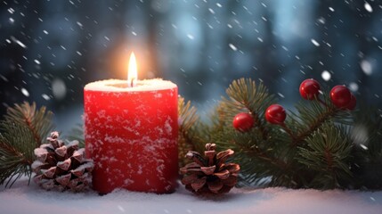 Burning candle and Christmas decoration over snow and wooden background. Neural network ai generated art