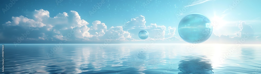 Poster serene landscape with floating spheres above calm water, reflecting clouds and sunlight, creating a 