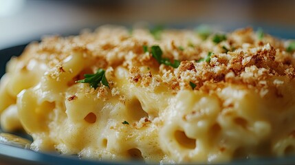 Detailed view of a hearty plate of mac and cheese with melted cheese and breadcrumbs