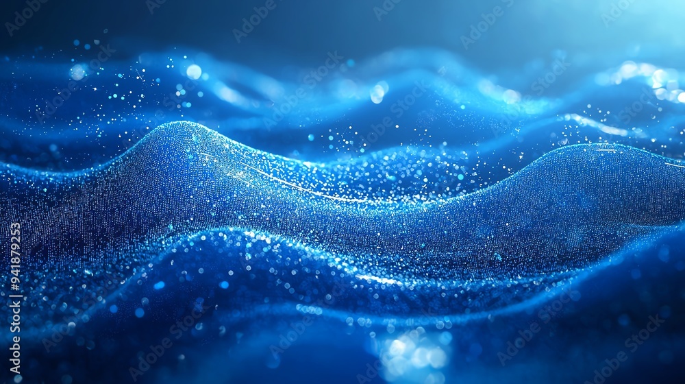 Poster stunning close-up of blue water waves with sparkling droplets, creating a serene and refreshing atmo