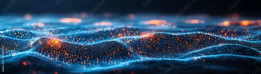 Poster vibrant digital waves with glowing particles create a captivating abstract background, perfect for t