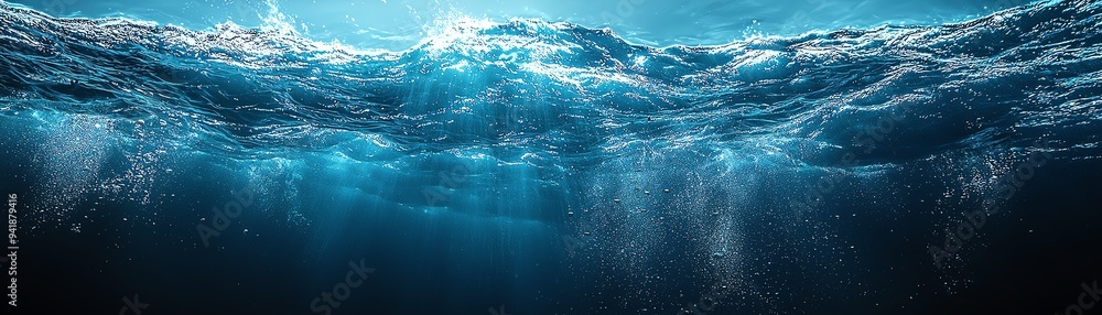 Poster vibrant underwater scene with shimmering waves and light beams creating an ethereal atmosphere in de