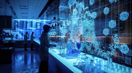 Scientists engaged in research within an advanced laboratory, featuring futuristic digital data projections and state-of-the-art equipment.