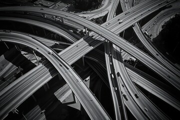 Aerial view of a complex freeway interchange in Los Angeles, California.