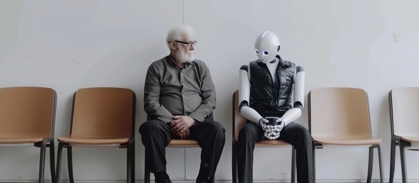 AI robot sitting on a chair next to an elderly man with coffee, both waiting for a job interview. AI vs human concept. futuristic technology coexisting with people in a professional environment