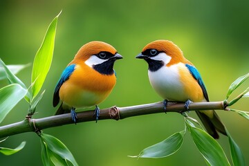 Obraz premium Beautiful birds resting on a bamboo stalk in an illustration that highlights simplicity and natural beauty