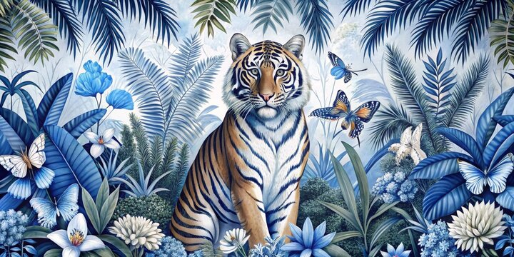 Serene Tiger Amidst Blue Botanicals Watercolor Composition, Jungle Tiger, Tropical Flowers, Blue Hues, Tiger, Watercolor, Floral