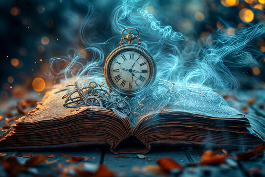 Mysterious book with clock. Old manuscript. Steampunk fantasy