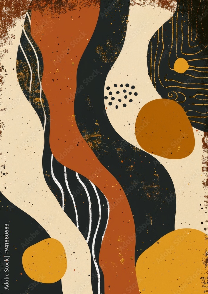 Poster this abstract painting features curvy lines and geometric shapes in earthy tones, combining modern a