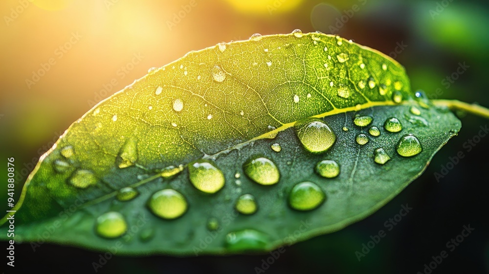 Poster detailed view of a leaf with droplets of water catching the morning light, creating a sparkling and 