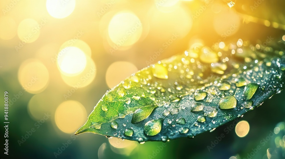 Aufkleber detailed view of a leaf with droplets of water catching the morning light, creating a sparkling and 