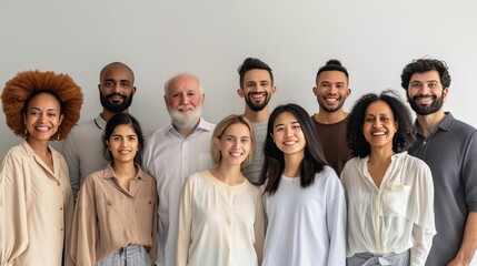 Obraz premium A diverse and friendly group of ten individuals stands together, each smiling at the camera with a plain background.