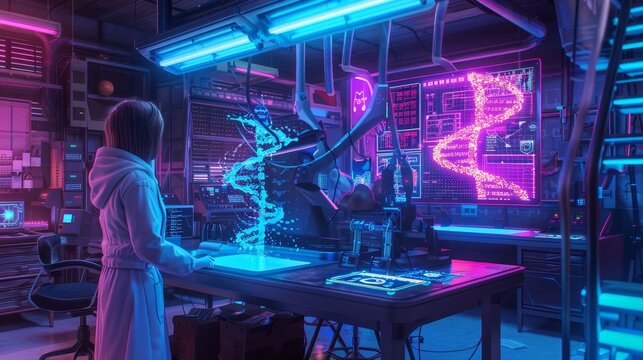 A futuristic laboratory with neon lighting, advanced technology, and a digital hologram illustrating DNA structure being analyzed.