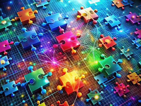 Colorful digital puzzle pieces coming together to form a cohesive whole, representing the seamless integration of complex data systems and networks.
