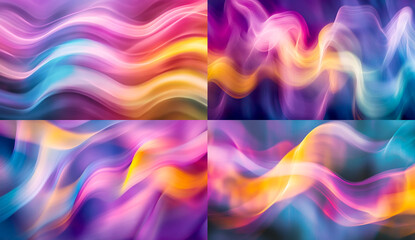 Fototapeta premium A colorful, blurry background with waves of colors in purple and blue, yellow and pink, creating an abstract pattern