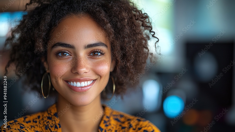 Poster female video editor works indoors in creative studio looking at camera happy.stock image