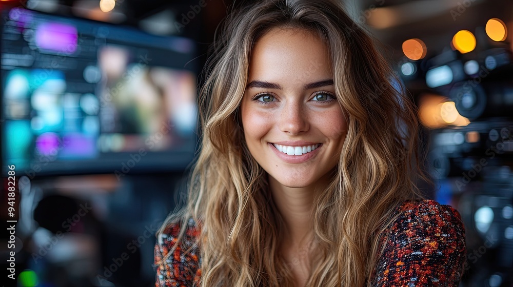 Poster female video editor works indoors in creative studio looking at camera happy.stock image