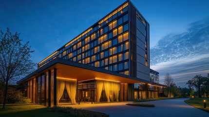 Obraz premium A modern hotel building with a large glass facade