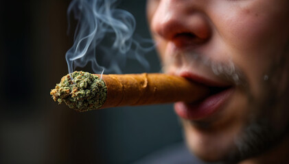 Burning cigar with marijuana, close-up, recreational drug use