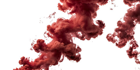 Beautiful dark red smoke plume isolated on transparent background. bright orange paint color powder festival background