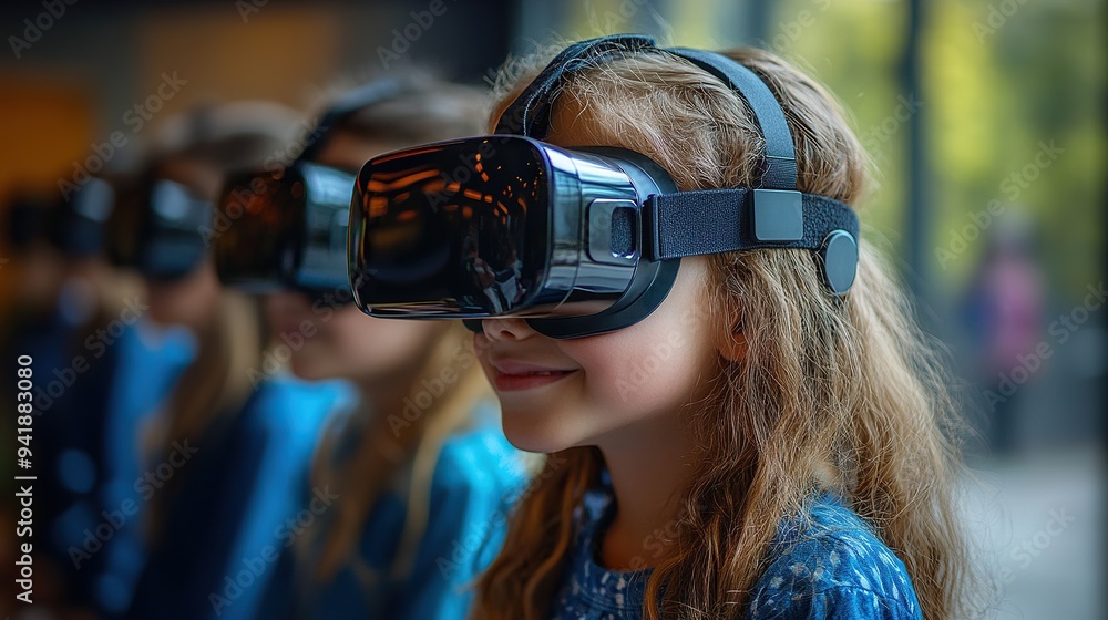 Poster schoolchildren happy wearing virtual reality goggles in computer science class at school.stock image