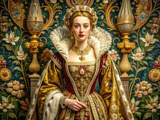 Obraz premium Royal Tapestry: Majestic, elegant, woman in regal attire, rich brocades, gilded accents