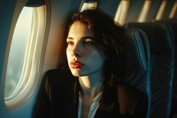 A person sitting in an airplane, looking out the window at passing clouds and landscape