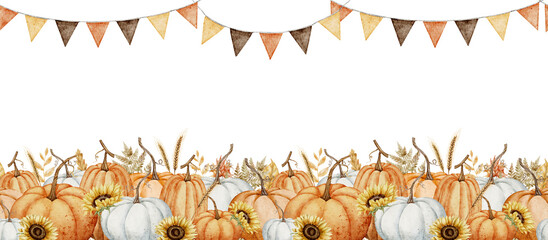 Pumpkin Banner watercolor illustration. Drawing of autumn frame with garlands and guards on isolated background for Harvest festival or Halloween greeting cards. Border with fall leaves with pennants.
