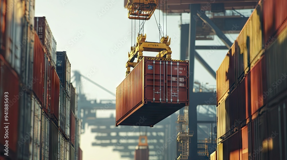 Poster detailed view of a shipping container being lifted by a crane at a busy container terminal, with oth