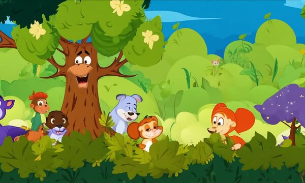 A cartoon jungle filled with talking trees and playful animals.