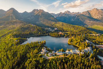 Mountain lake Strbske pleso. Strbske lake with view of the High Tatras National Park, Slovakia