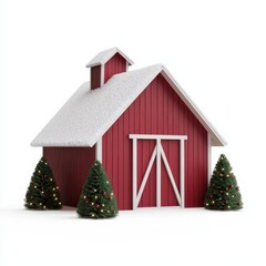 Naklejka premium A charming red barn adorned with festive Christmas decorations and surrounded by snow-covered trees.