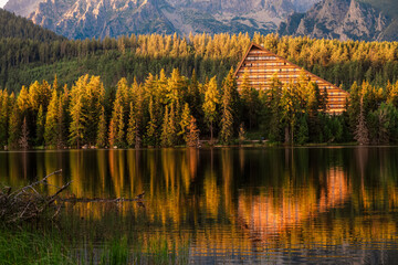 Mountain lake Strbske pleso. Strbske lake with view of the High Tatras National Park, Slovakia