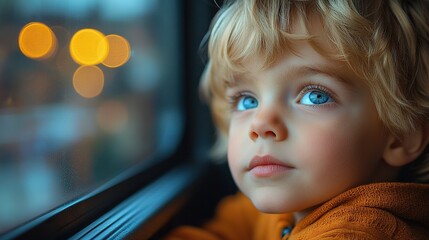 boy little travelling in train.stock image