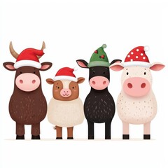 A cheerful illustration of festive farm animals wearing colorful Christmas hats, perfect for holiday-themed projects.