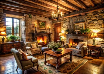 Fototapeta premium Rustic Charm: Distressed wood, natural stone, antique furnishings, warm lighting, cozy ambiance