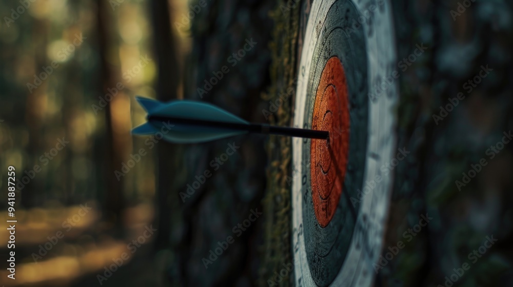 Poster an arrow stuck in the center of a target, providing visual representation for accuracy and precision