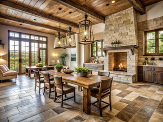 Fototapeta premium Rustic Farmhouse: Distressed travertine and reclaimed wood tile, capturing the warmth and simplicity of farmhouse living.