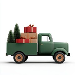 A vintage green truck carrying Christmas gifts and trees, ideal for holiday-themed designs and festive decorations.